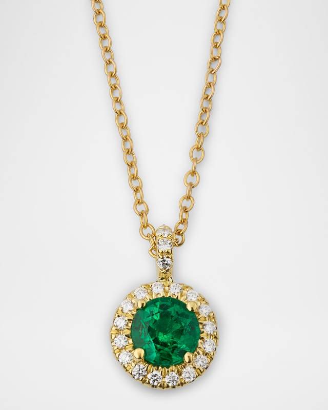 18K Yellow Gold Round Emerald and Diamond Pendant Necklace